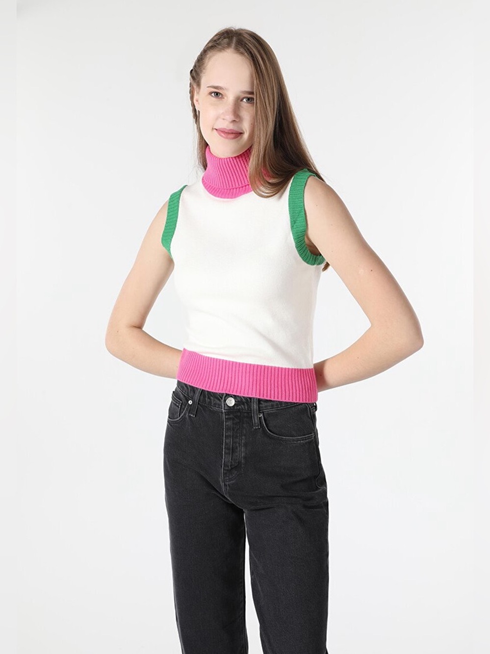 Sleeveless Cowl Neck Knit Top in White with Pink & Green Trim